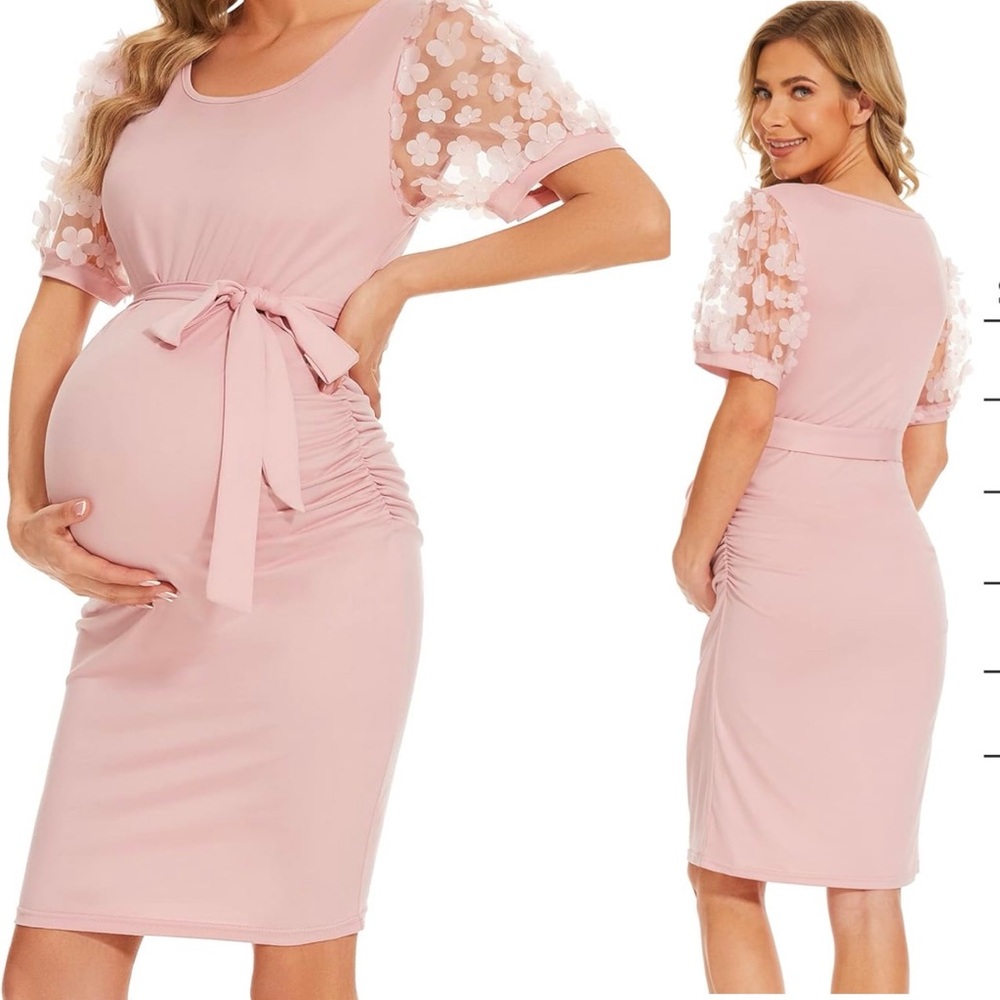 Floral Mesh Bishop Maternity Midi Dress, Maternity Bodycon Dress, Size Large